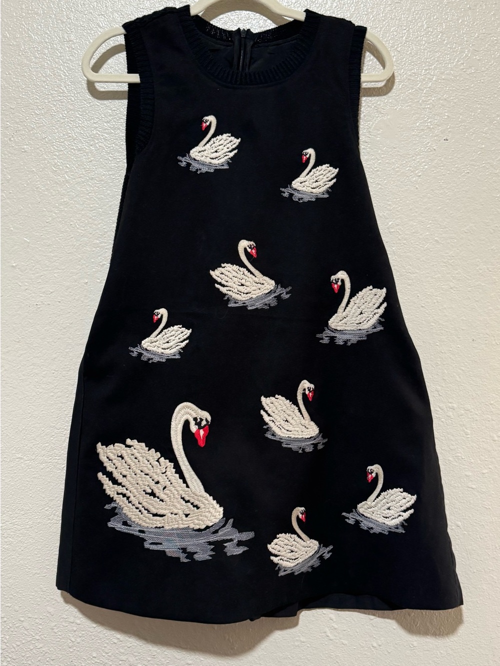 Unique Embroidered Swan Silk/Cotton Blend A-Line Blk Tank Mini Dress W Sz.S